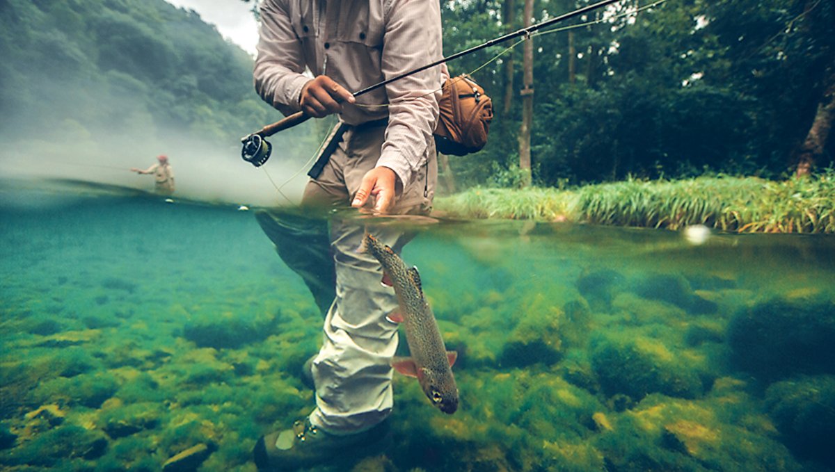 River level with fisherman putting fish back into water