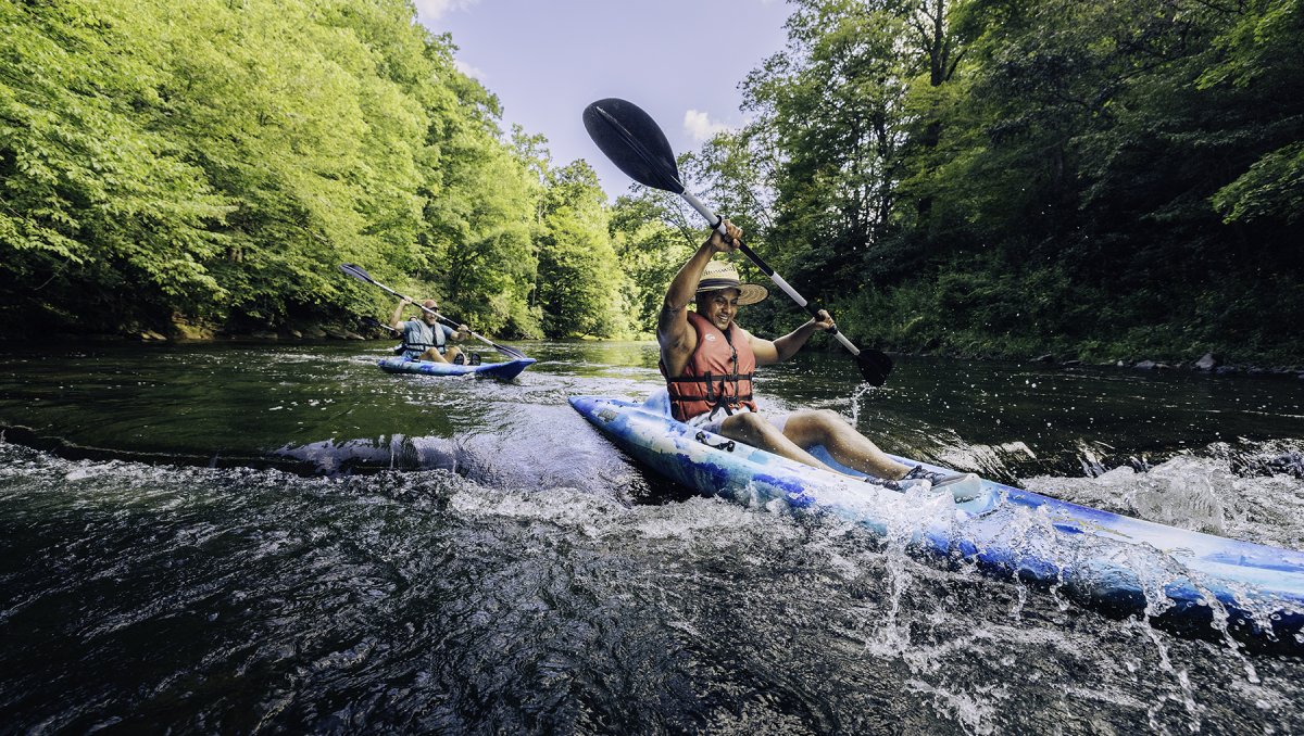 Two kayakers on river surrounded by green trees 