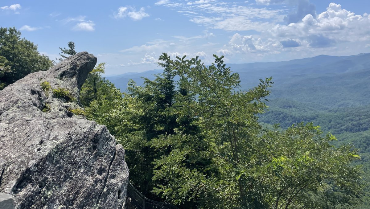 Rugged rock outlook with trees and mountains in distance