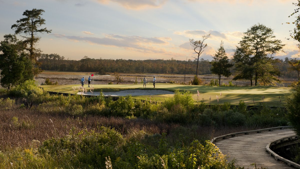 Marshes surrounding golfers on green during daytime.