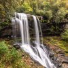 People walking behind Dry Falls with fall foliage all around