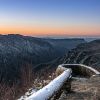 Snowy Wiseman's View overlook in the Linville Gorge during sunrise