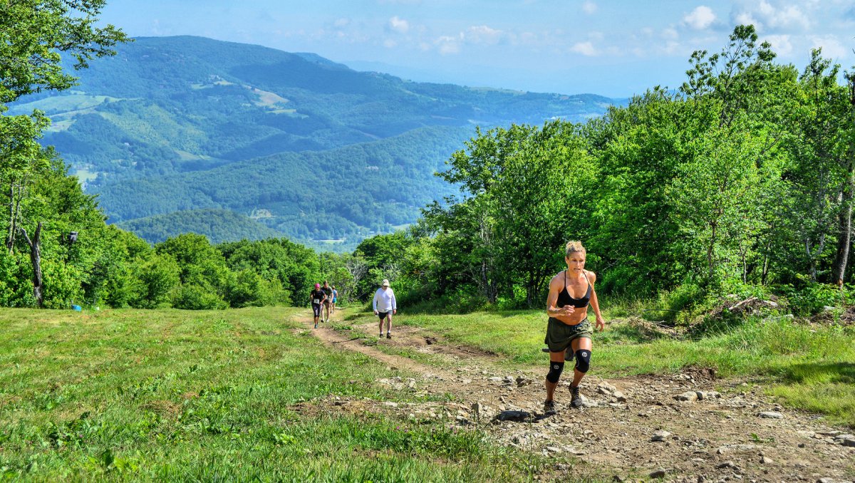 People ascending a mountain summit surrounded by green trees, mountains in back