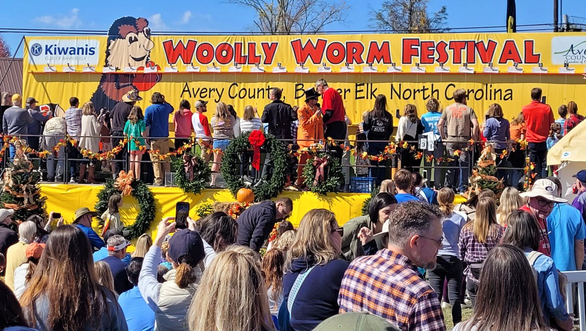Group of people standing watching stage of other people race woolly worms up a string